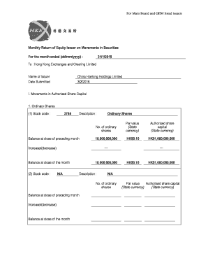 Monthly Return of Equity Issuer on Movements in Securities