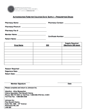 Authorization Form for Vacation Prescription Drugs