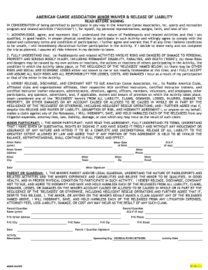 American Canoe Association Minor Waiver and Release of Liability