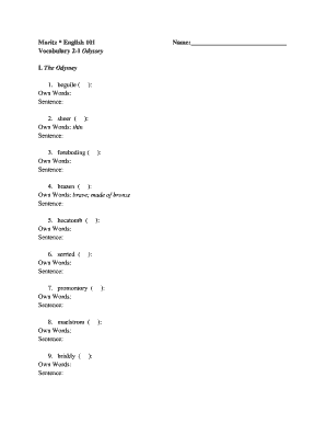 English 101 Vocabulary Worksheet