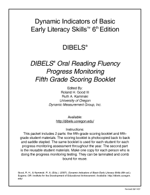 DIBELS Oral Reading Fluency Fifth Grade Scoring Booklet