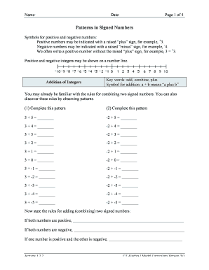 Algebra I Patterns in Signed Numbers Worksheet