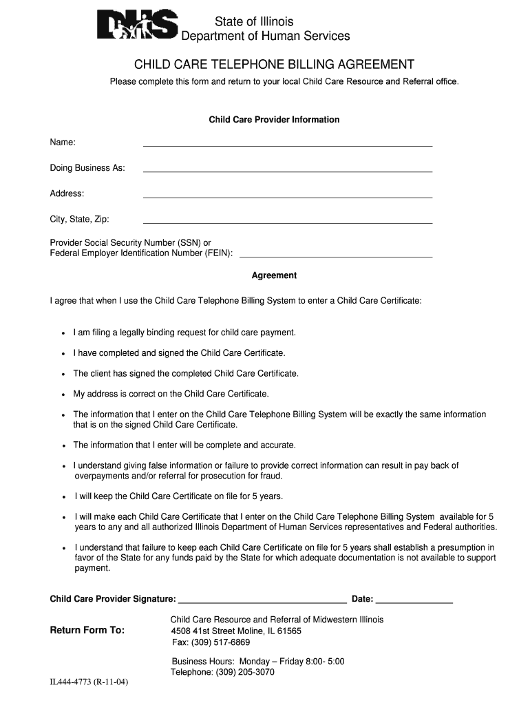 Fillable Online CHILD CARE TELEPHONE BILLING AGREEMENT Fax Email Print