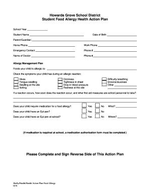 Student Food Allergy Health Action Plan