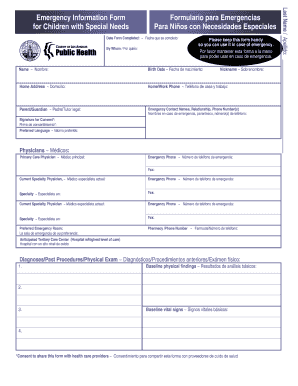 Emergency Information Form for Children with Special Needs