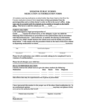 Seekonk Public School Medication Authorization Form