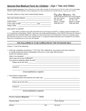 Special Diet Medical Form for Children