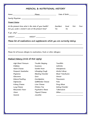 Medical and Nutritional History Form