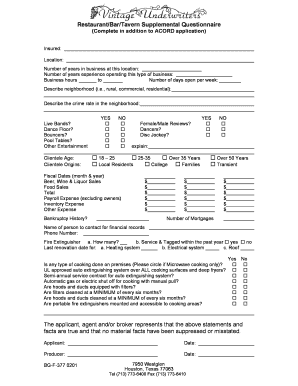 Restaurant/Bar/Tavern Supplemental Questionnaire