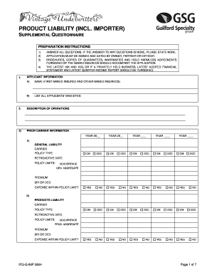 Product Liability Supplemental Questionnaire