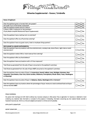 Wineries Supplemental Insurance Application