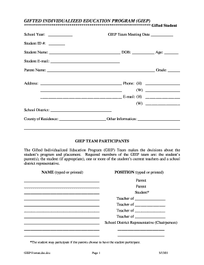Gifted Individualized Education Program (GIEP) Form