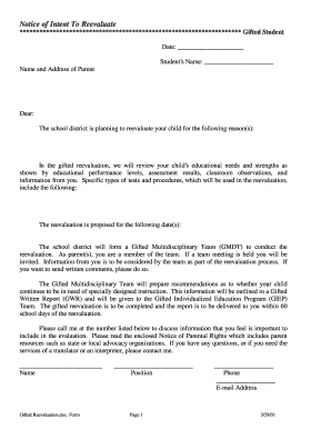 Notice of Intent To Reevaluate Gifted Student