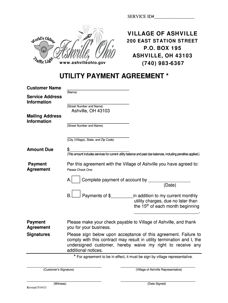 2013 Form OH Utility Payment Agreement Village Of Ashville Fill 