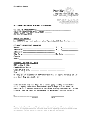 Certified Copy Request for Articles of Incorporation