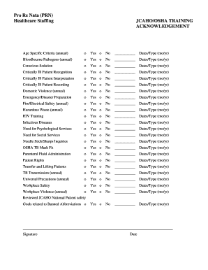 JCAHO/OSHA Training Acknowledgement Form