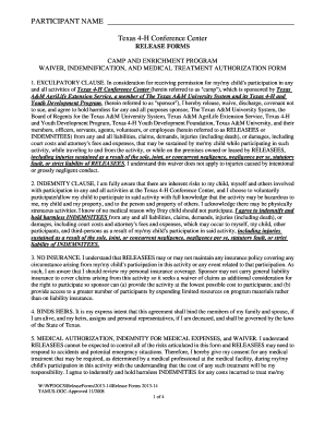 Texas 4-H Conference Center Waiver and Medical Authorization Form