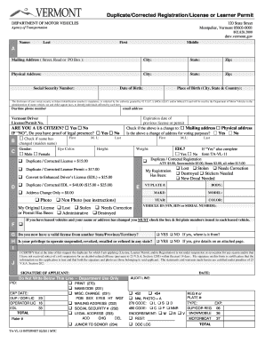 Vermont Duplicate Corrected License Permit Registration Form