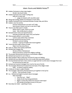 Islam Roots and Beliefs Notes Worksheet