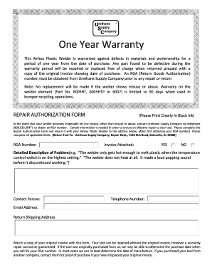 Airless Plastic Welder Repair Authorization Form