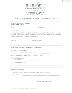 Fayette Electric Cooperative Average Payment Plan Application