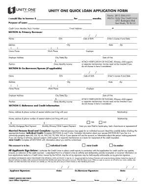Unity One Quick Loan Application Form
