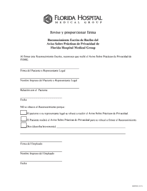 Reconocimiento Escrito de Recibo del Aviso Sobre Prácticas de Privacidad de Florida Hospital Medical Group