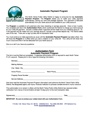 North Tahoe Automatic Payment Program Authorization Form