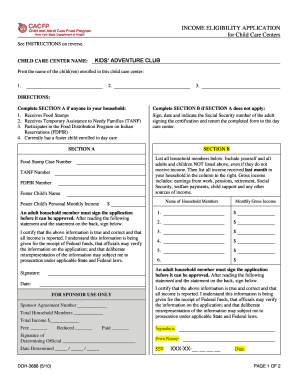 Income Eligibility Application for Child Care Centers