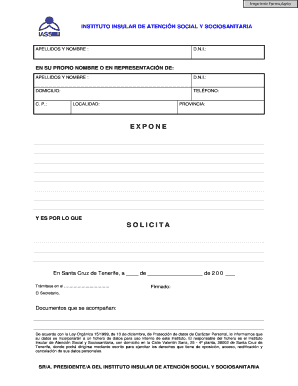 Formulario de solicitud del Instituto Insular de Atención Social y Sociosanitaria