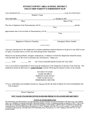 Punxsutawney Area School District Field Trip Permission Slip