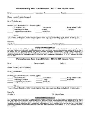 Punxsutawney Area School District 2013-2014 Excuse Form