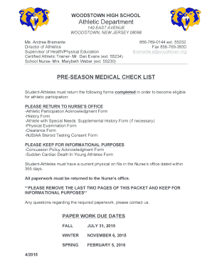 New Jersey Pre-Season Medical Checklist
