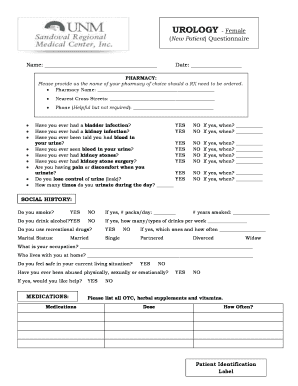 Urology Female New Patient Questionnaire