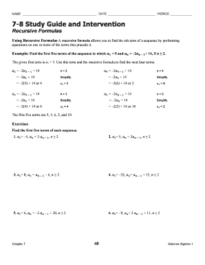 Algebra 1 Recursive Formulas Study Guide