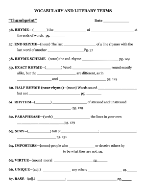Vocabulary and Literary Terms Worksheet