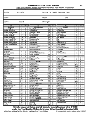 Disney's Beach Club Villas Grocery Order Form