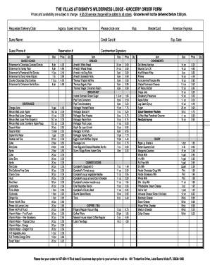Disney's Wilderness Lodge Grocery Order Form