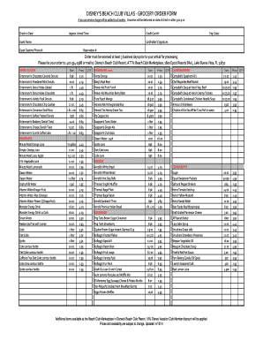 Disney's Beach Club Villas Grocery Order Form