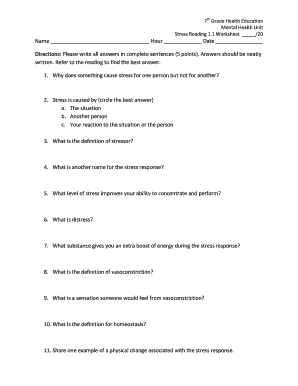 7th Grade Stress Reading Worksheet