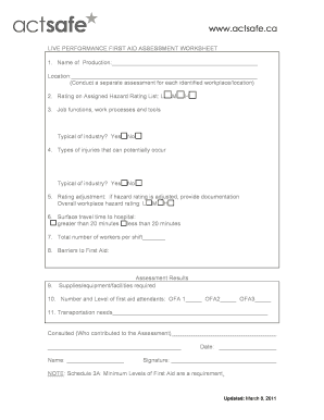 Live Performance First Aid Assessment Worksheet