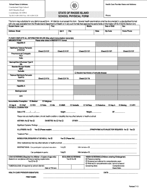 Rhode Island School Physical Form