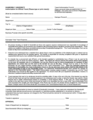 Vanderbilt University Travel Authorization Form