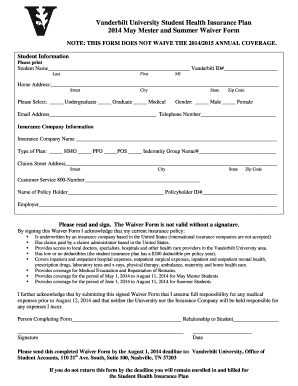 Vanderbilt University Student Health Insurance Waiver Form