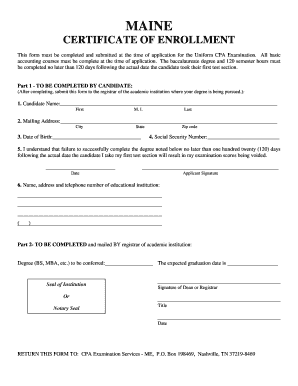 Maine Uniform CPA Examination Certificate of Enrollment