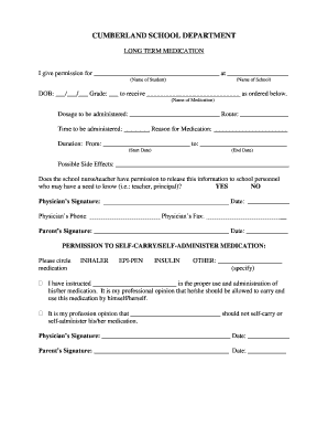 Cumberland School Medication Permission Form