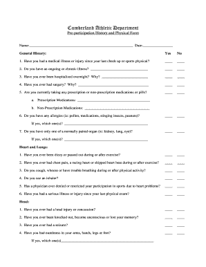 Cumberland Athletic Department Pre-participation History and Physical Form