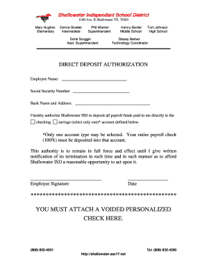 Shallowater ISD Direct Deposit Authorization