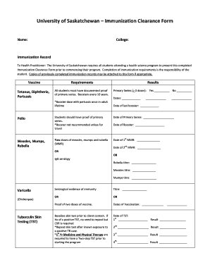 University of Saskatchewan Immunization Clearance Form