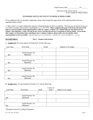 Tennessee Notice of Intent to Home School Form